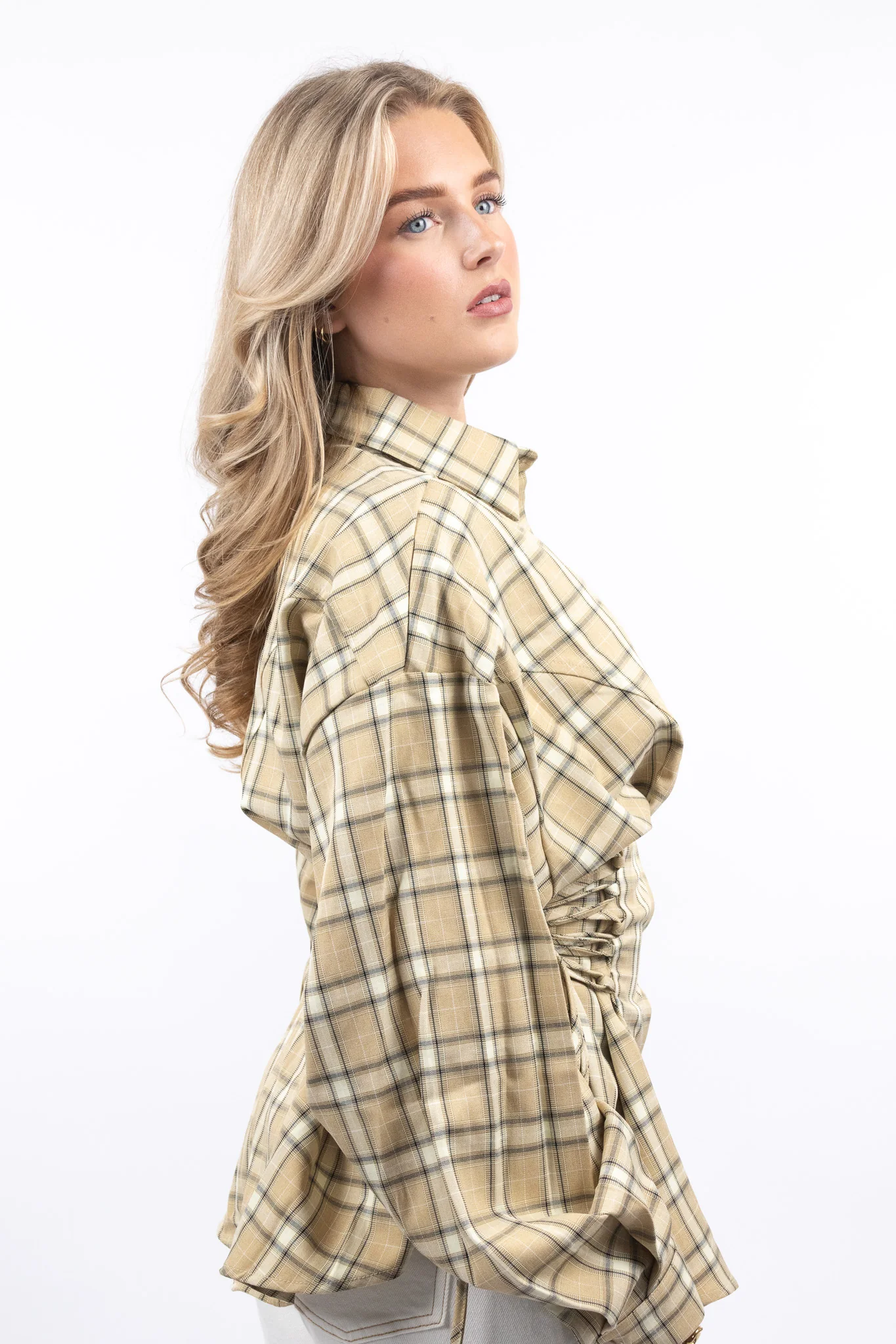 Waist-Tie Plaid Blouse - Image 2